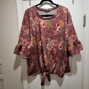 Storyteller Floral Knit Top with a Front Tie Hem and Ruffle Sleeves – Size 1X